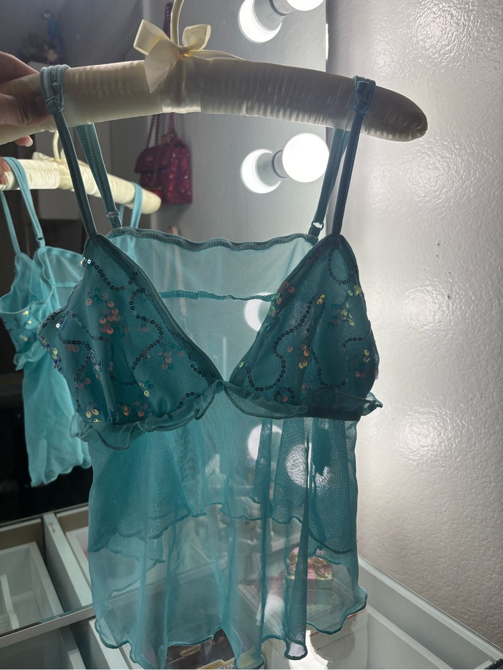 Sheer Sequin Trim Teal Babydoll Top Teal